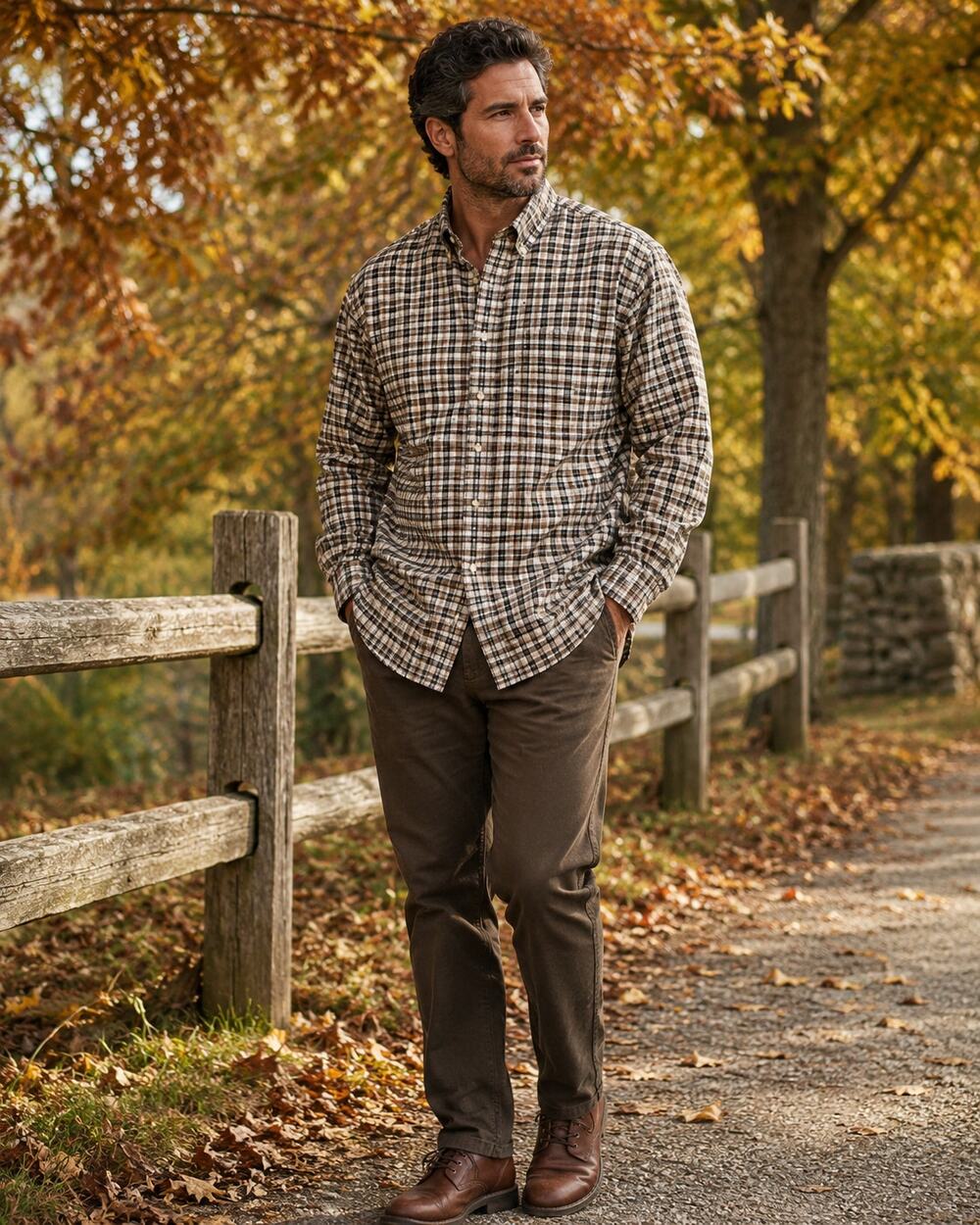 Natural Issue Executive Khakis Men's M Brown Plaid Button Down Shirt Fall